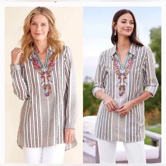 Soft Surroundings Brookhaven Aruba Floral Embroidered Longline Cotton Tunic M - Picture 3 of 12